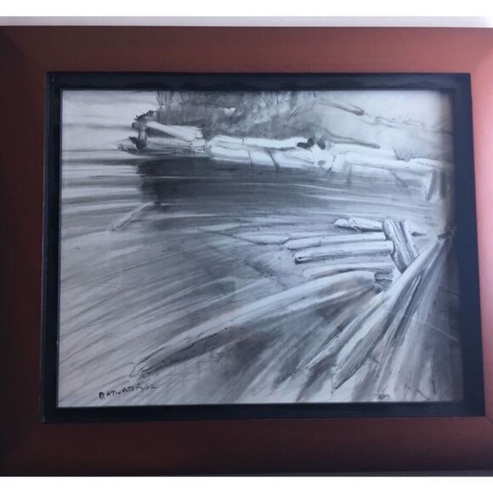 Pencil Drawing by D. Atwater Logs by river bank